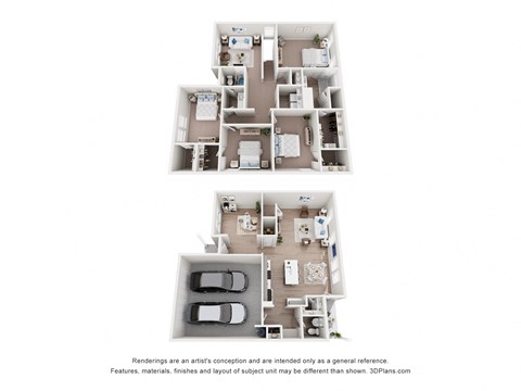Two floor plans of a house with a garage and a living room.